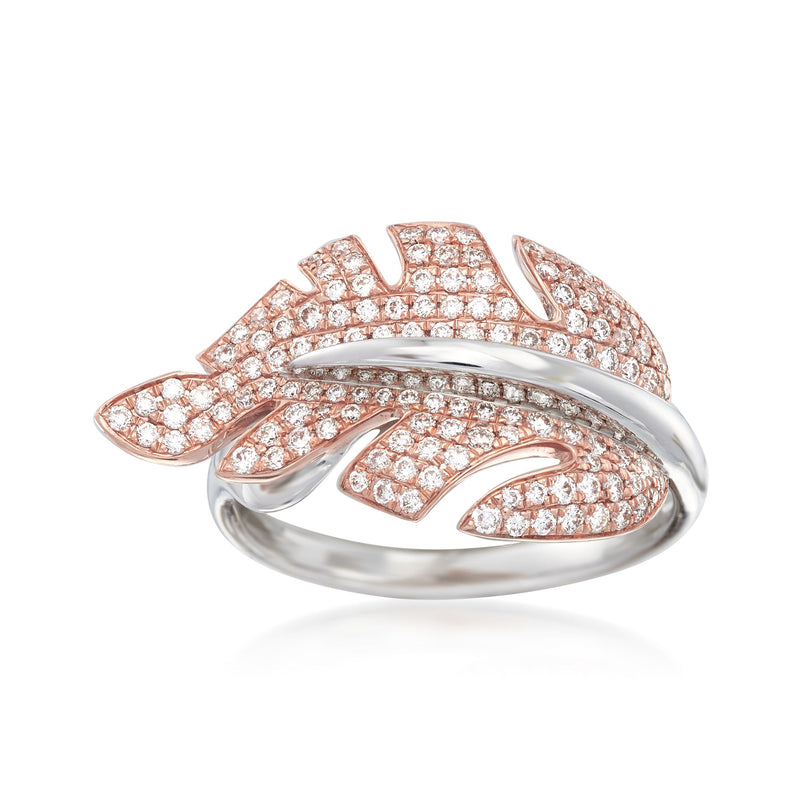 Diamond leaf ring in two-tone gold with pave leaf design