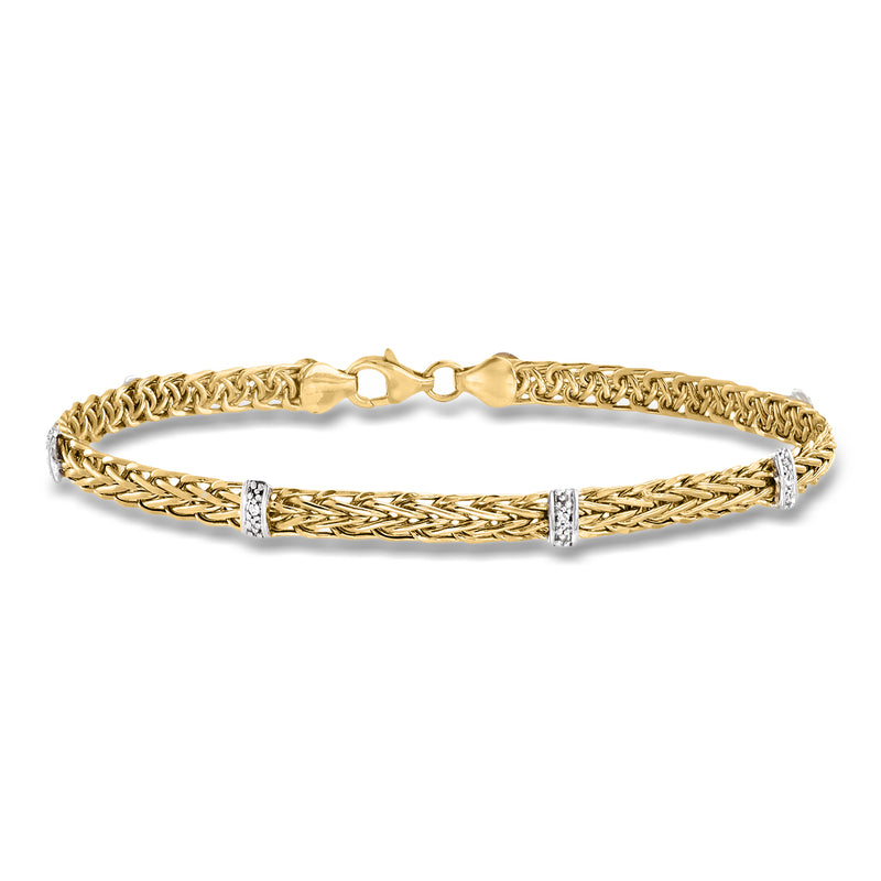 14kt yellow gold wheat-chain bracelet with diamond accents and lobster clasp