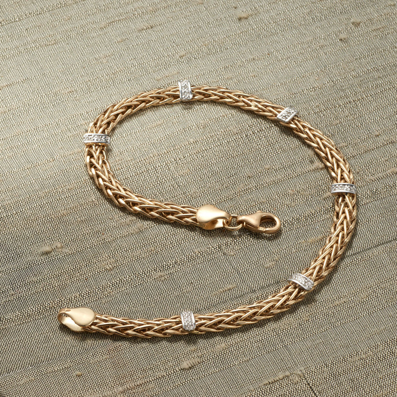14kt yellow gold wheat-chain bracelet with small diamond pave links and clasp