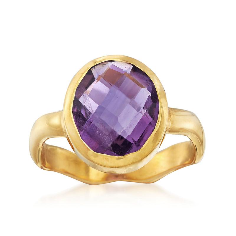 18kt gold over sterling ring with oval amethyst gemstone, faceted purple center
