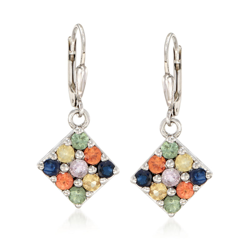 Sterling silver leverback earrings with multicolored diamond-shaped gemstones