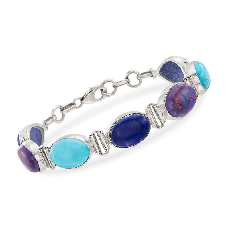 Sterling silver bracelet with oval purple, blue lapis and turquoise cabochon stones