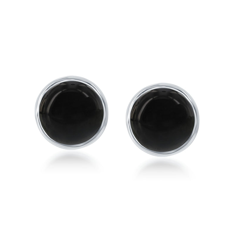 Round bezel-set black onyx stud earrings in sterling silver with shiny silver rims