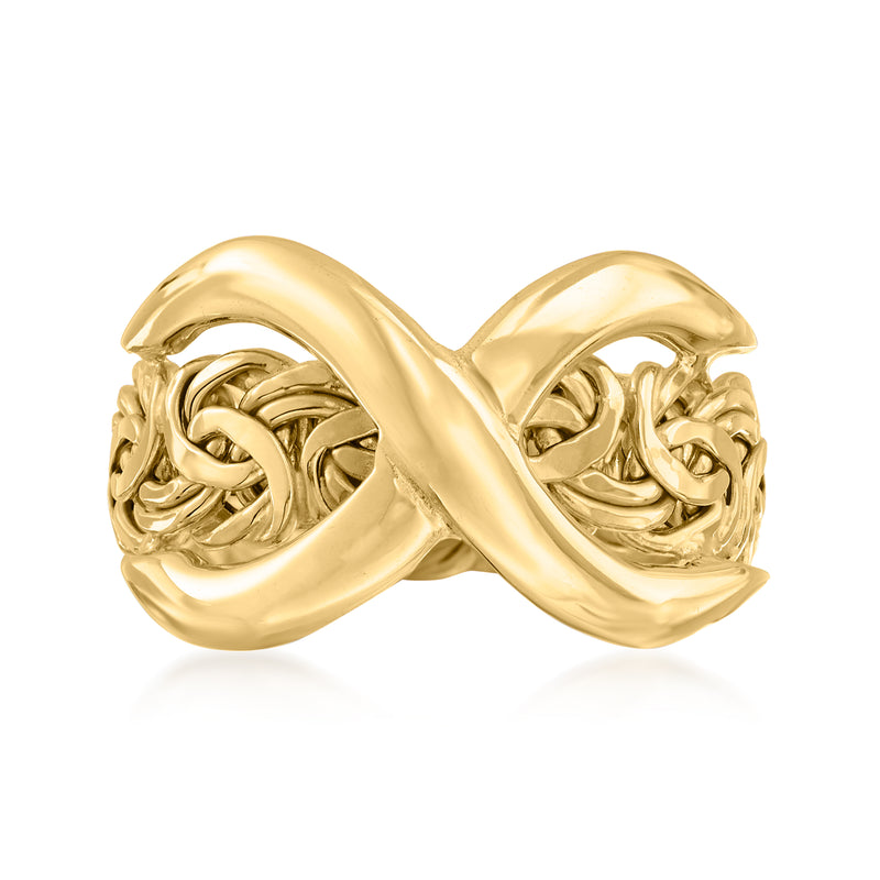 14kt yellow gold infinity Byzantine ring with raised interwoven knot design