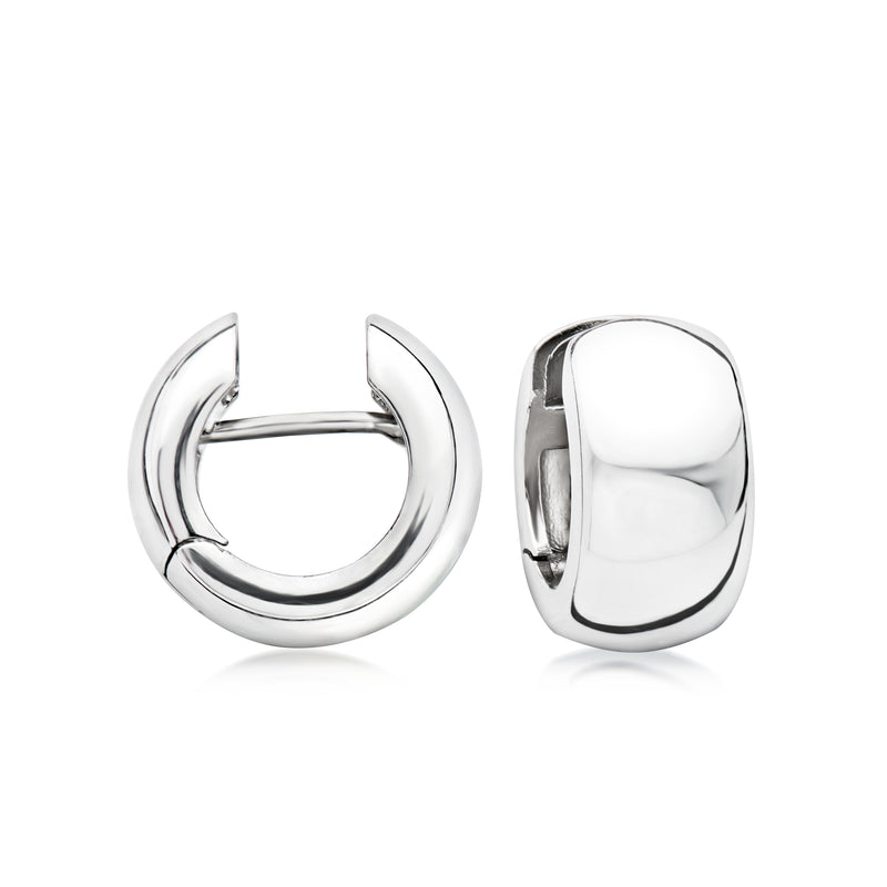 Sterling silver huggie hoop earrings with hinged clasp, polished round profile