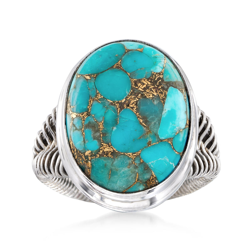 Oval turquoise stone ring with sterling silver wirework band and bezel