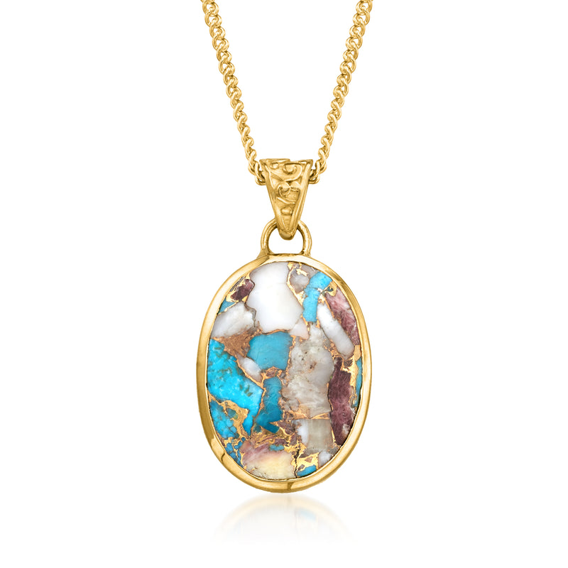 Gold oval turquoise pendant necklace with oval stone bezel and link chain