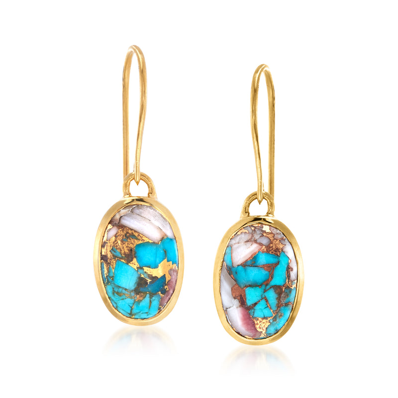 Oval turquoise drop earrings with gold earwire; oval stone in gold bezel