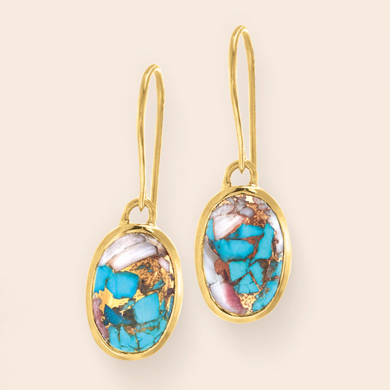 Oval turquoise drop earrings, gold earwire; oval bezel with marbled white and brown matrix