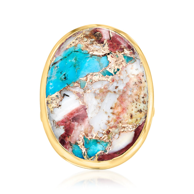 Gold over sterling ring with oval Kingman turquoise cabochon, marbled red and white