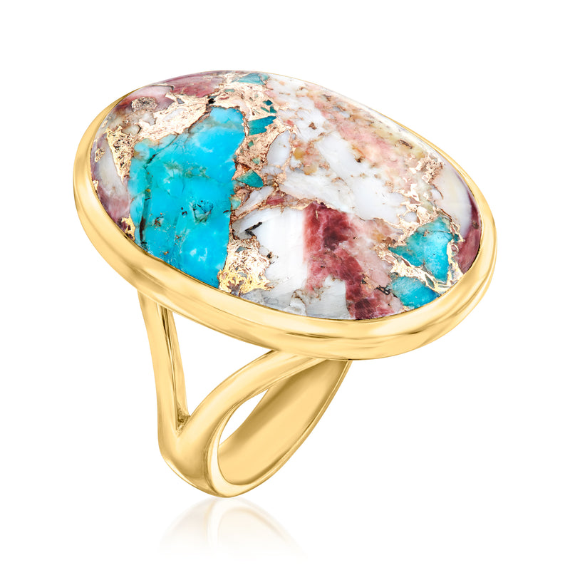 Gold over sterling turquoise ring with oval cabochon, teal, red, and white matrix