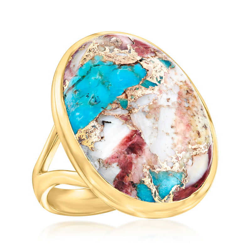 Gold over sterling oval turquoise ring with teal marbled red, white, and gold bezel