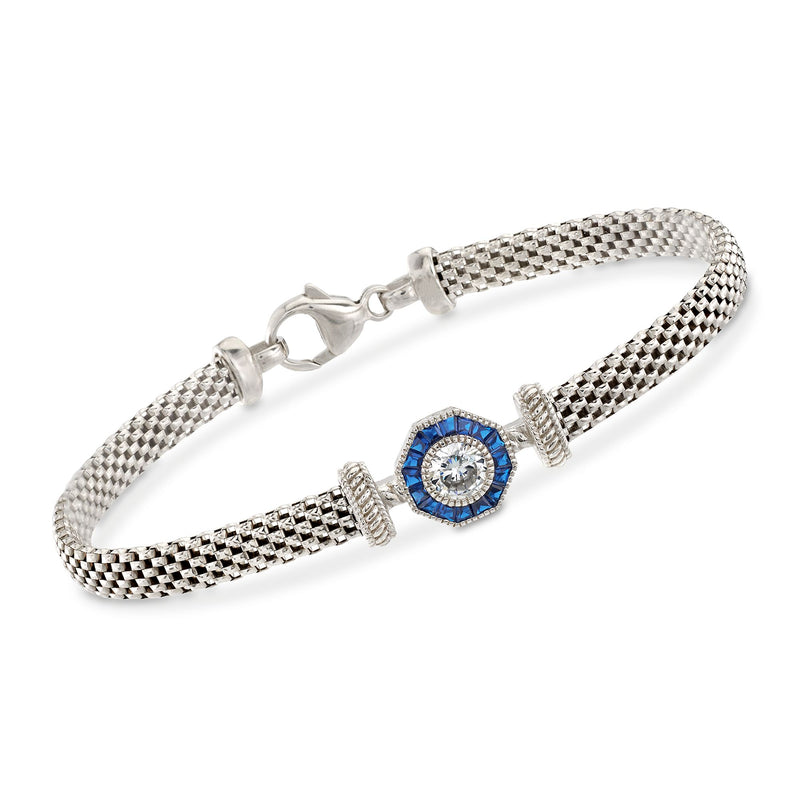 Sterling silver mesh halo bracelet with blue sapphire center and round clear stones