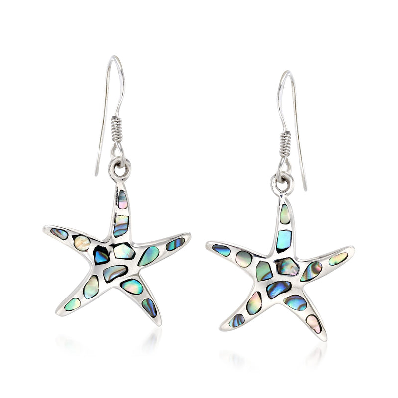 Sterling silver starfish drop earrings with iridescent inlay and earwire hooks
