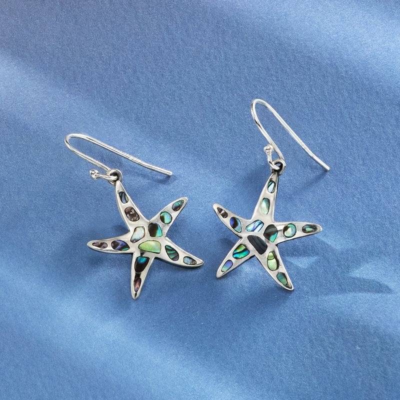 Sterling silver starfish drop earrings with multicolor iridescent inlay and earwires