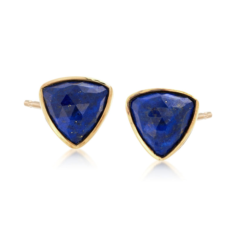 Triangle lapis stud earrings with blue gemstone and yellow gold bezel, post backs