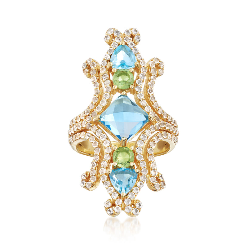 Yellow gold multi-stone ring with blue and green gemstones, prong-set