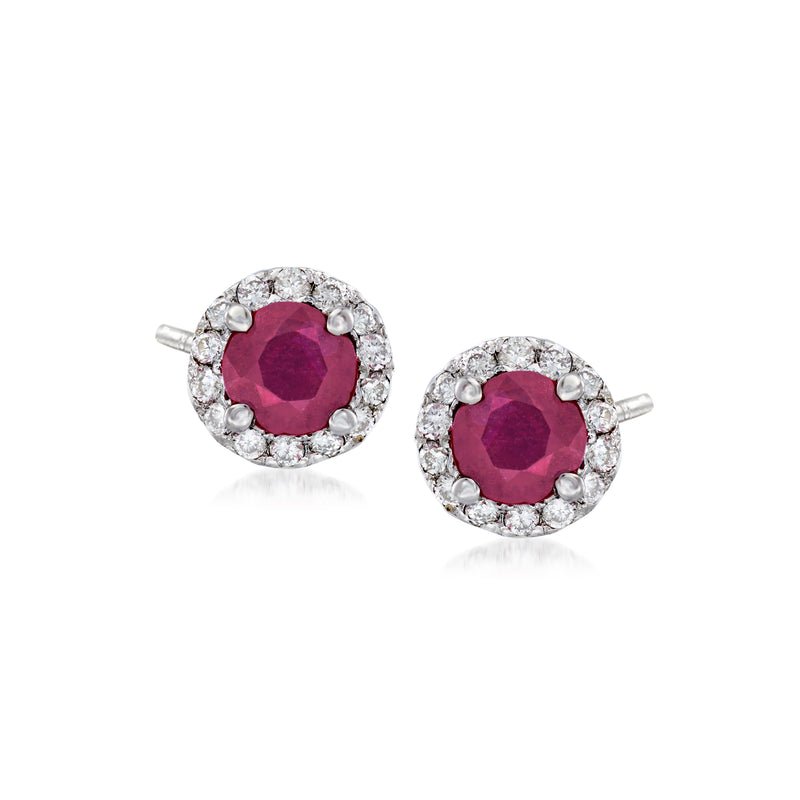 Ruby and diamond halo stud earrings in 14kt white gold, round red gemstone centers