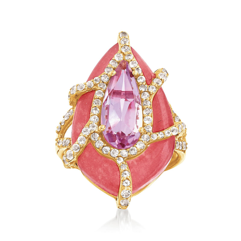 Pink jade and amethyst ring with pear-cut pink center, white topaz halo, gold prong setting