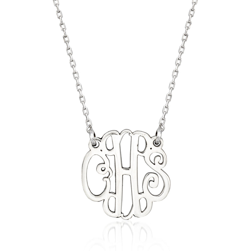 Sterling silver monogram necklace with ornate initial pendant and link chain
