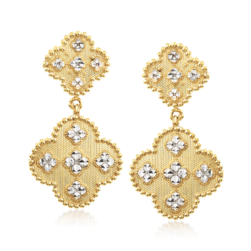 Clover drop earrings in two-tone gold with white stone clusters, dangling