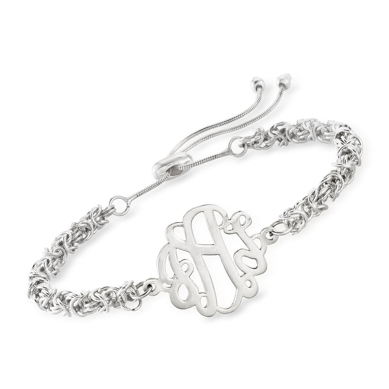 Sterling silver bolo bracelet with Byzantine chain and monogram centerpiece