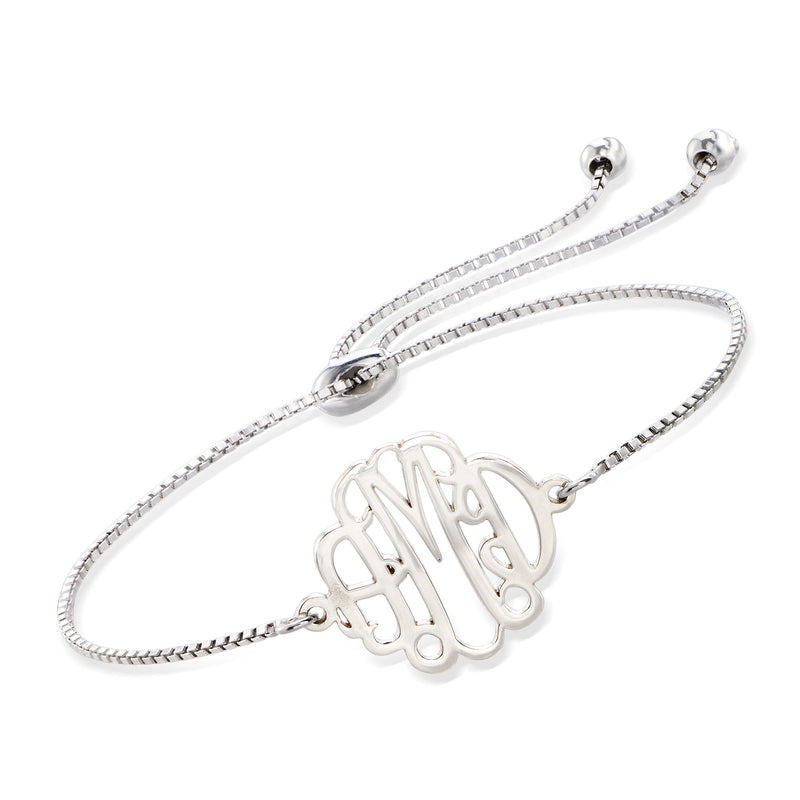 Sterling silver monogram bolo bracelet with cable slider and engraved charm