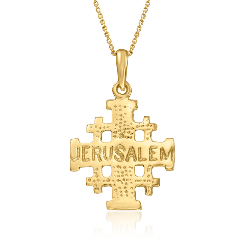 Yellow gold Jerusalem cross pendant with 'JERUSALEM' text