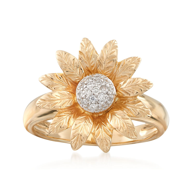 14k yellow gold flower ring with diamond-accented round center