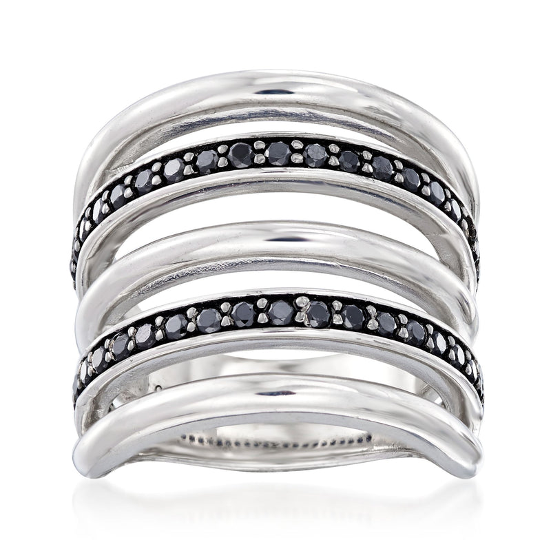 Multi-row black spinel ring in sterling silver with three stacked bands