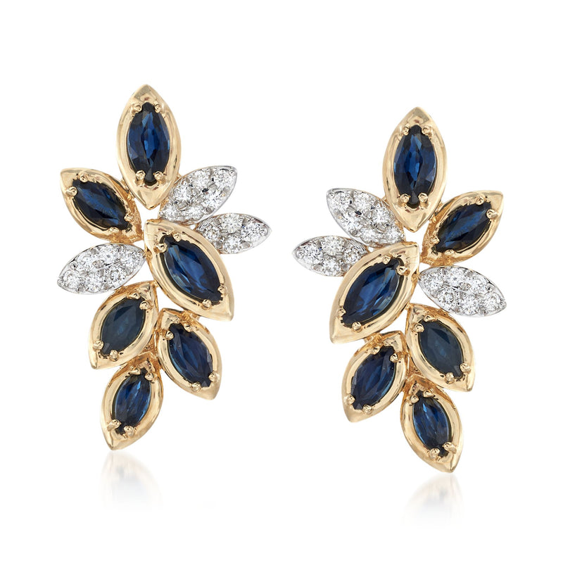 14kt yellow gold leaf earrings with blue marquise sapphires and diamond accents