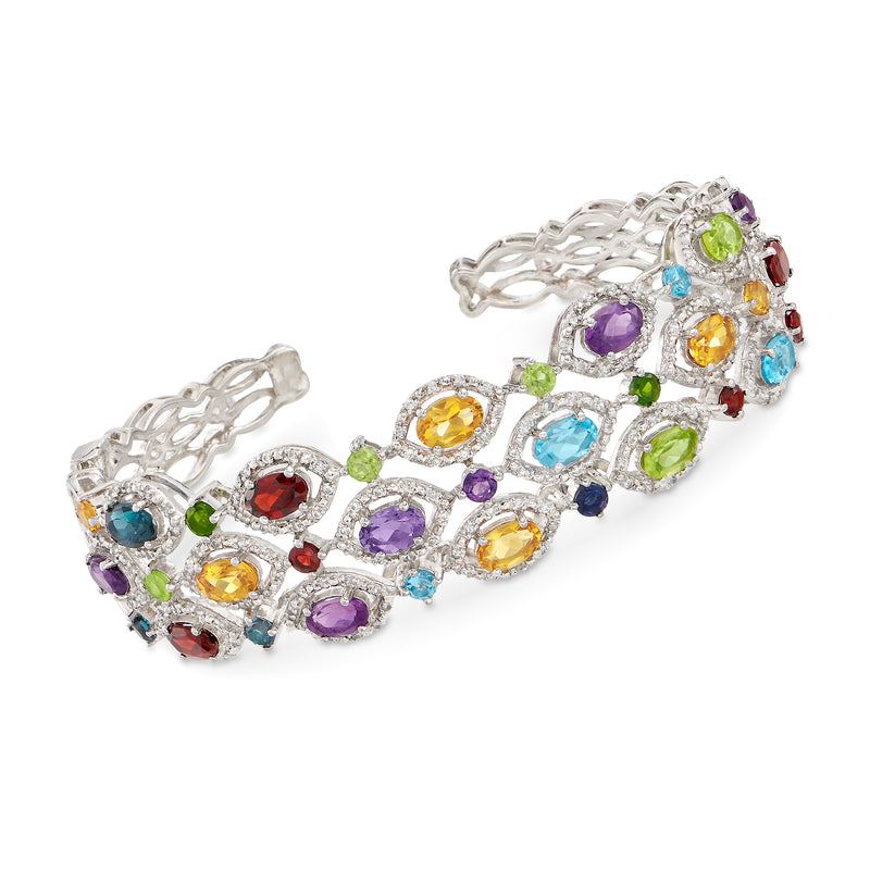 Sterling silver multi-gemstone cuff bracelet with oval colorful gems: purple, green, blue