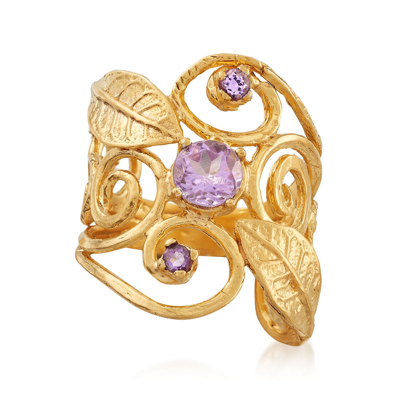 Amethyst leaf ring in 18kt yellow gold over sterling silver, with three purple stones