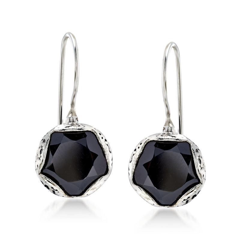 Sterling silver drop earrings with dark faceted hexagon onyx-style stone and earwire hooks