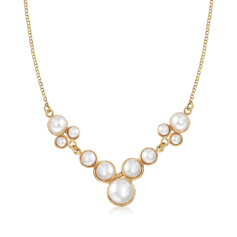 18kt yellow gold over sterling silver cultured pearl necklace with bezel-set round pearls
