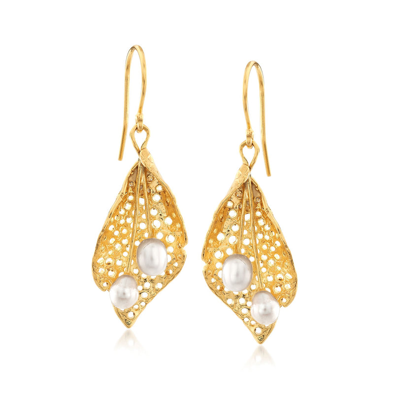 Yellow gold filigree teardrop drop earrings with cultured pearl and wire hooks