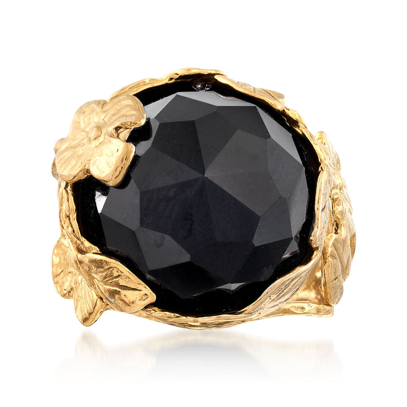 Black onyx floral ring with faceted black stone, 18kt yellow gold over sterling silver