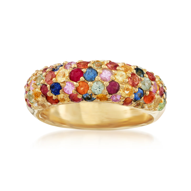 Multicolored sapphire ring with gold-tone band and oval gemstone bezel setting