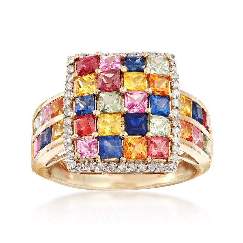14kt yellow gold ring with square multicolored sapphire frame and diamond border