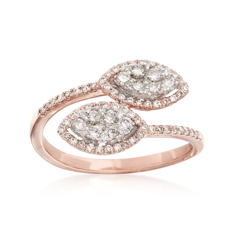 14kt two-tone diamond bypass ring with marquise-shaped pavé clusters