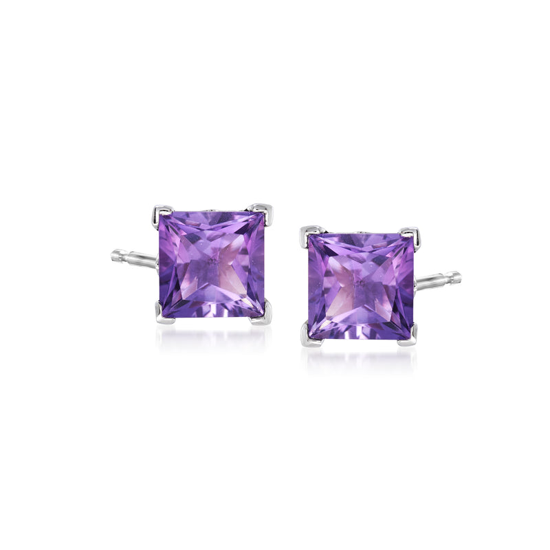 Sterling silver amethyst stud earrings with square purple gemstones