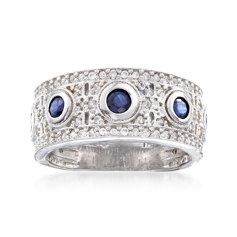 Sterling silver ring with white zircon and round sapphire accents