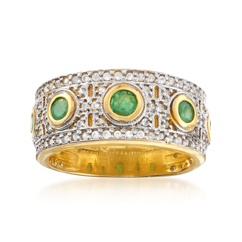Two-tone sterling silver ring with round green stones and pave white zircon details