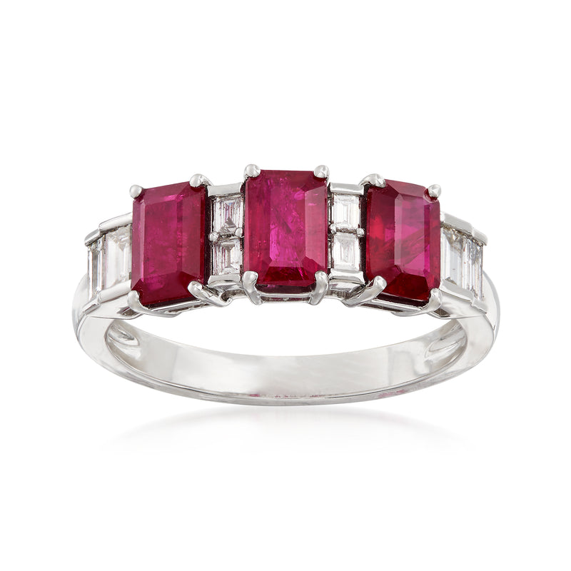 14kt white gold ring with three rectangular ruby gemstones and baguette diamond accents