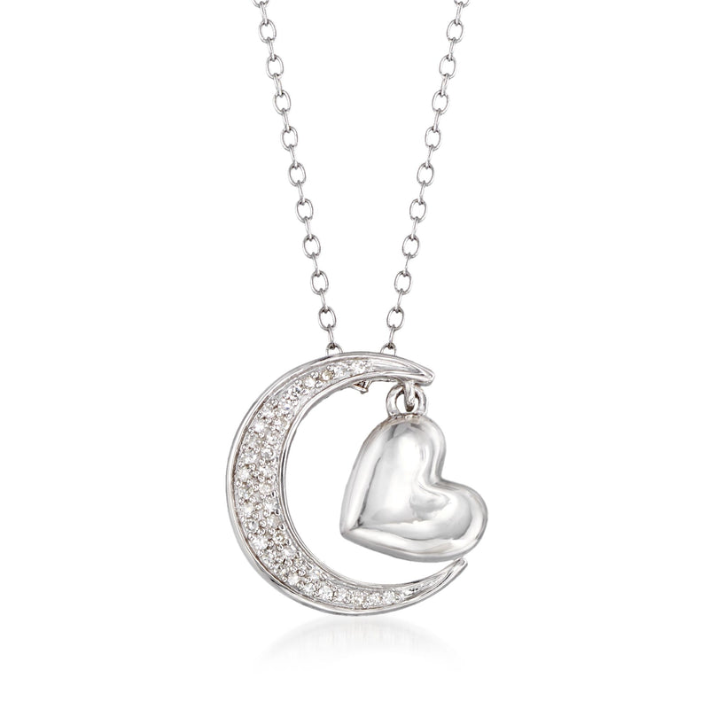 Sterling silver diamond moon and heart necklace