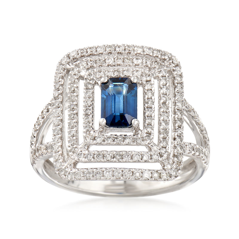 18kt white gold ring with square blue sapphire center and diamond halo accents
