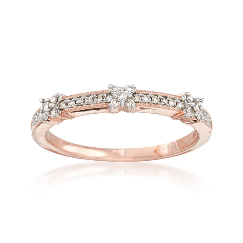 14kt rose gold diamond X band ring with small round stones, slim bezel set