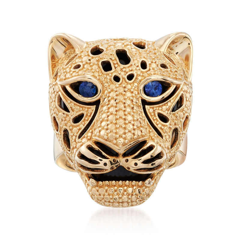 14kt yellow gold cheetah head ring with blue sapphire eyes and black onyx accents