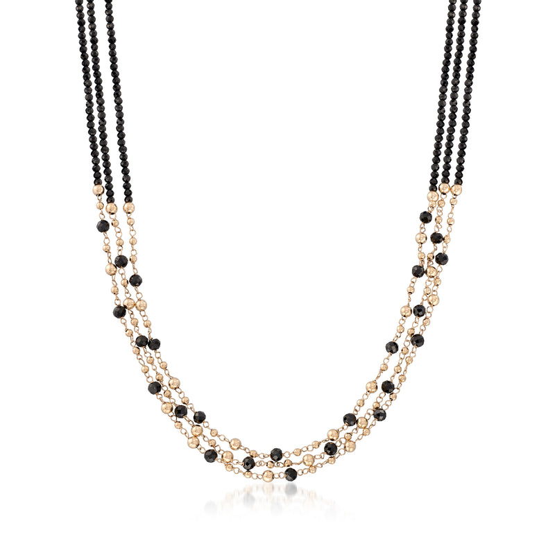 Three-strand black spinel bead necklace with 14k yellow gold chain