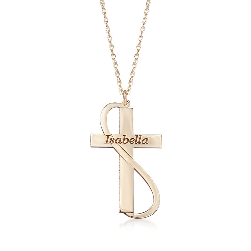 14kt yellow gold name necklace with 'Isabella' bar and ribbon charm pendant